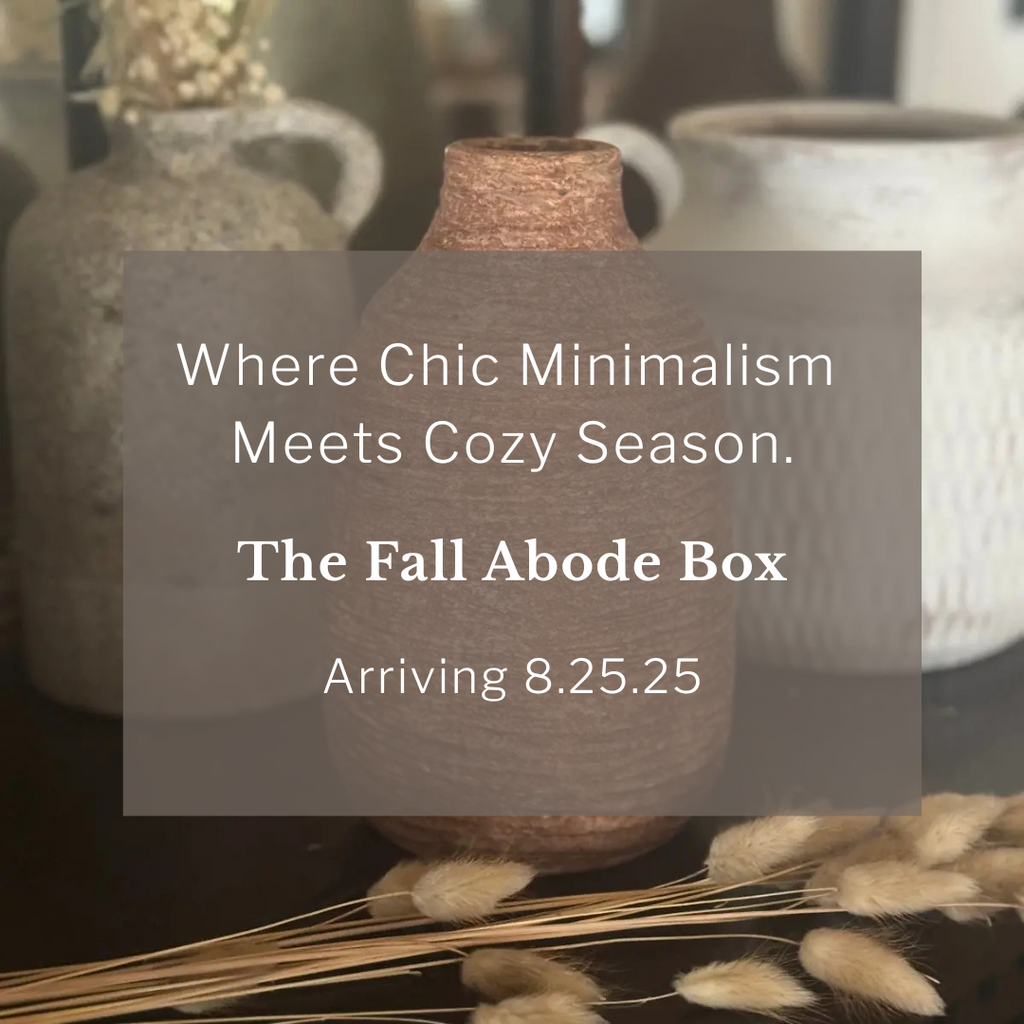 Decorative vase with text overlay about a fall-themed product box arriving on a blurred background.
