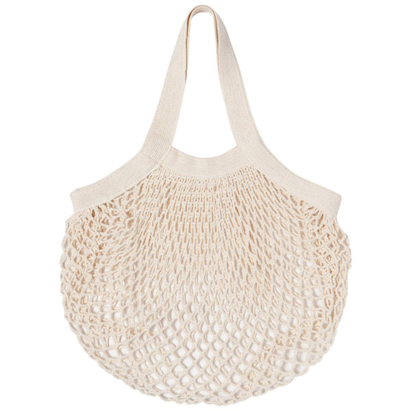 A petite natural beige net shopping bag with handles, made of cotton, against a white background.