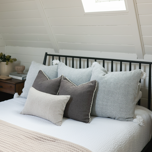 Taupe Stripe Lumbar Pillow Cover on Warm Neutral Bed