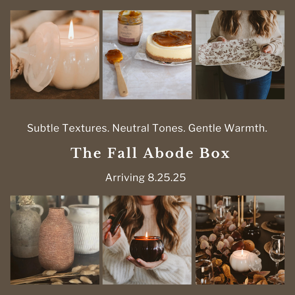 Promotional image for 'The Fall Abode Box' with candles, jars, and other home decor items.