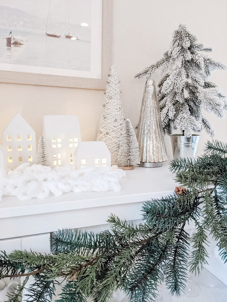 White Yarn Christmas Tree with neutral Christmas decor