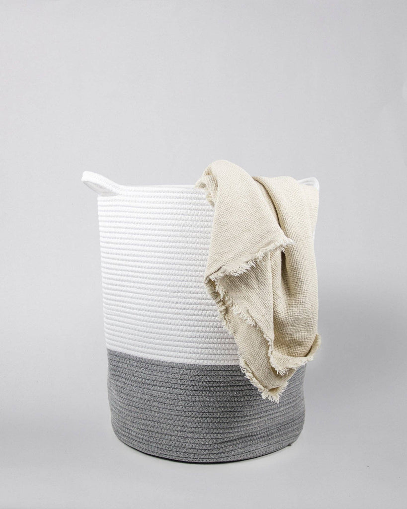 grey and white cotton hamper basket