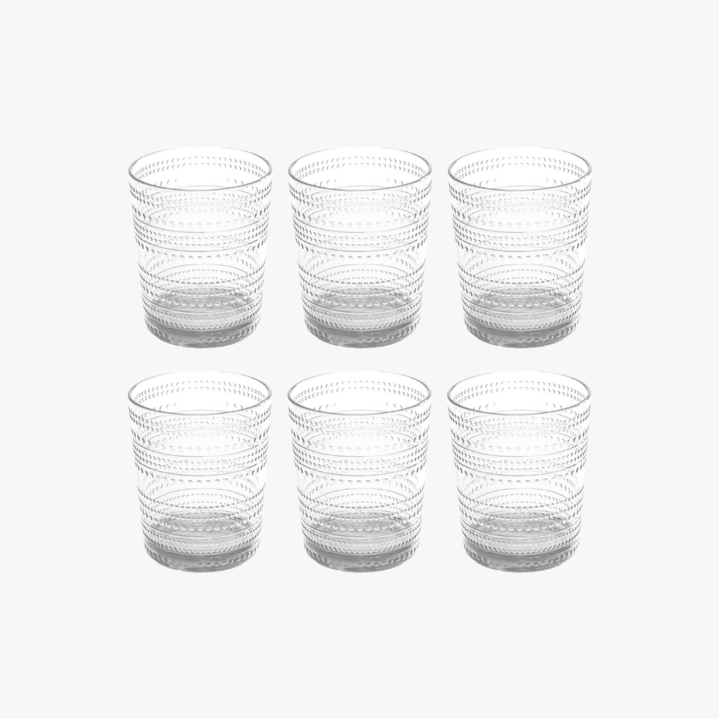 Set of six clear acrylic tumblers with textured design on a white background
