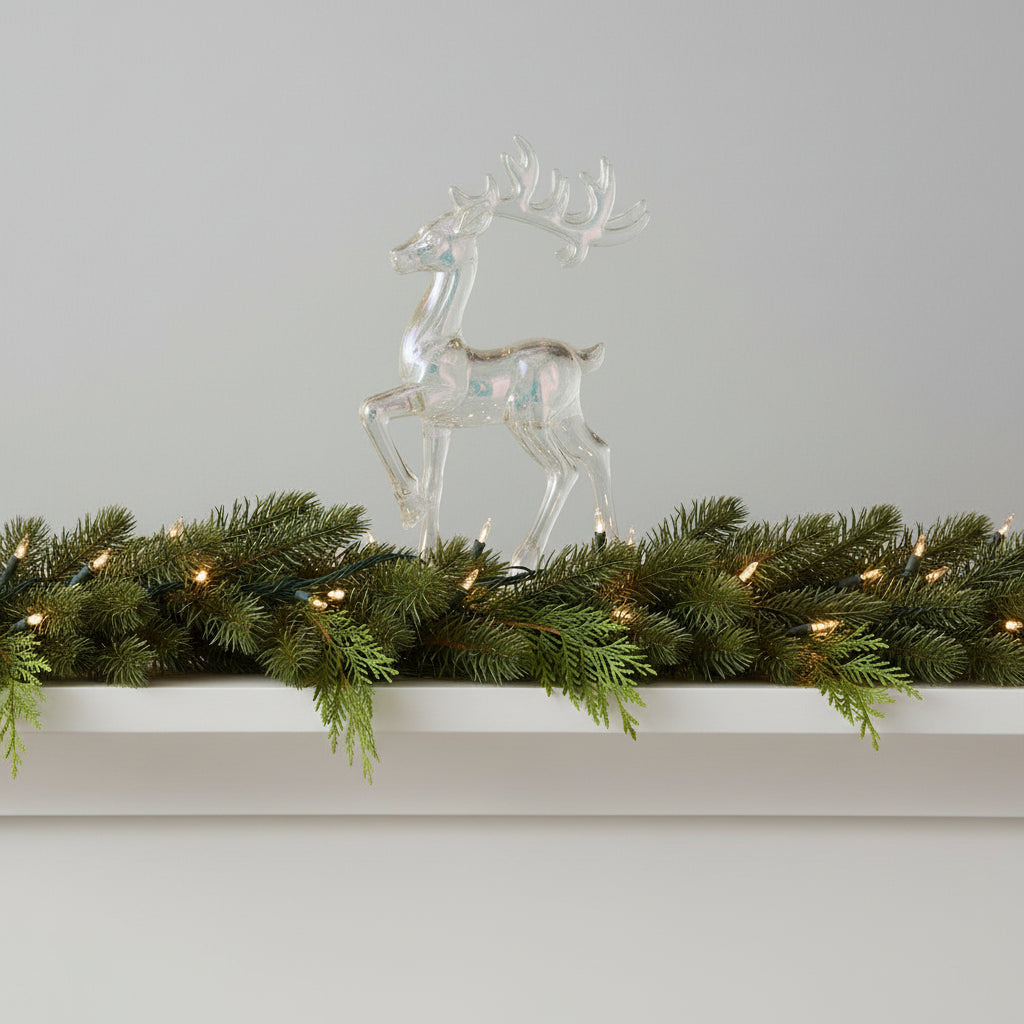 Acrylic Reindeer Figurine on white mantle with garland and christmas lights