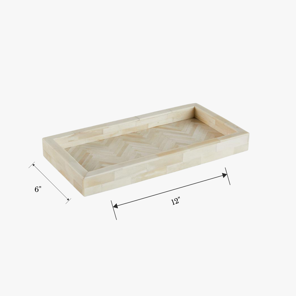 Rectangular beige tray with dimensions on a white background