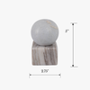 Marble sphere on a square marble base candle taper holder with dimensions indicated