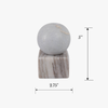 Marble sphere on a square marble base candle taper holder with dimensions indicated