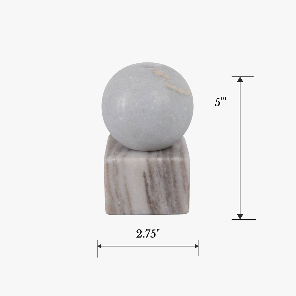 Marble sphere on a square marble base candle taper holder with dimensions indicated