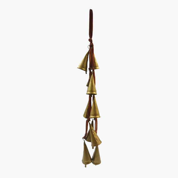 Decorative hanging bells with gold and brown elements on a white background