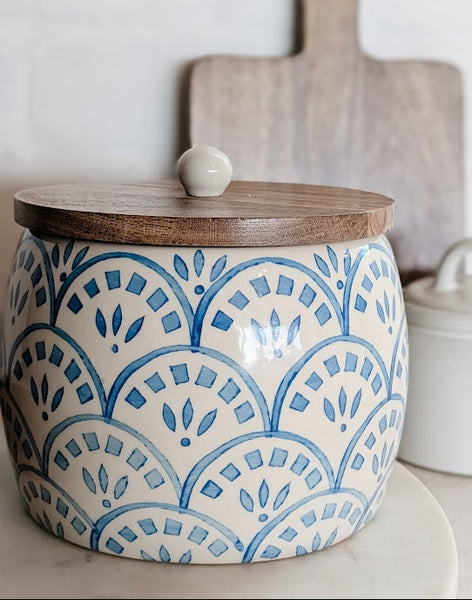 Blue and White Stoneware Canister