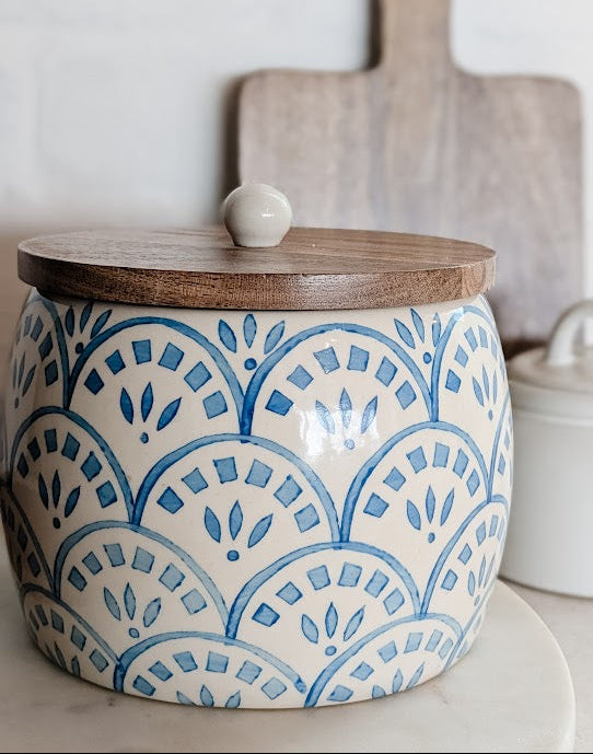 Blue and White Stoneware Canister