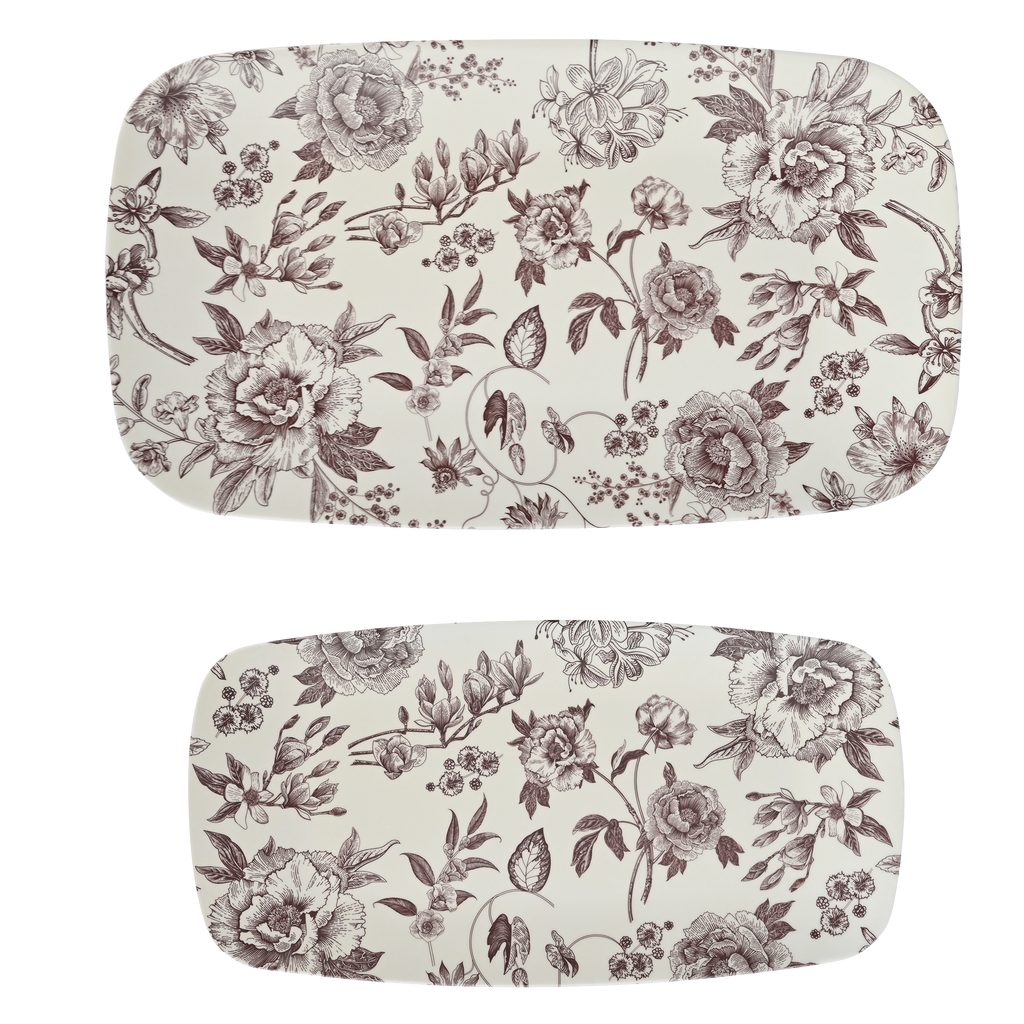 Pair of floral-patterned melamine serving trays on a white background