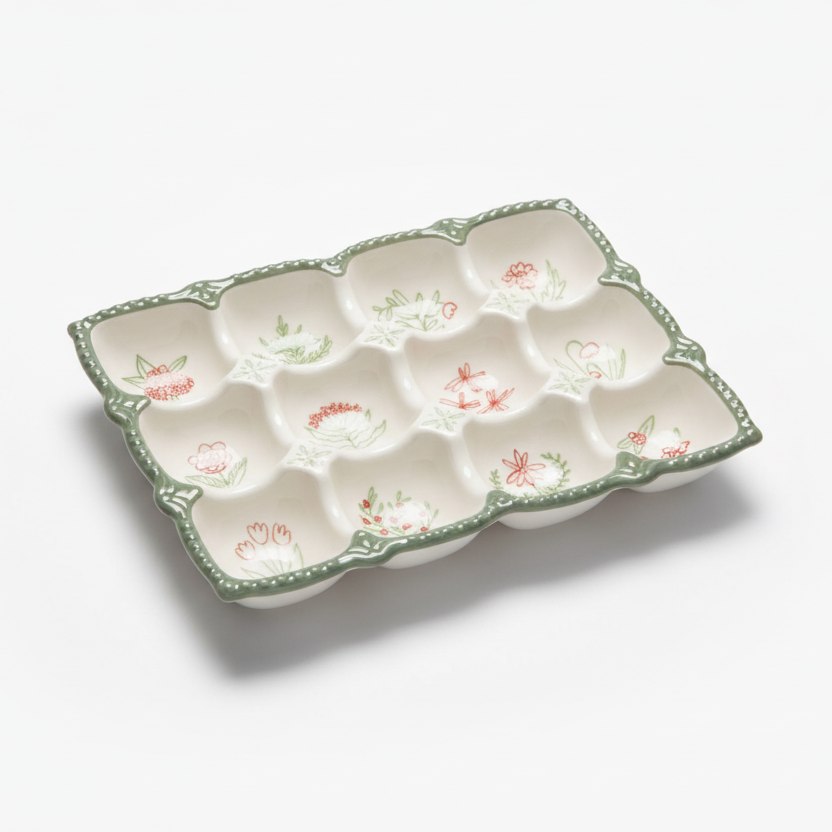 Decorative ceramic egg holder with floral patterns on a white background