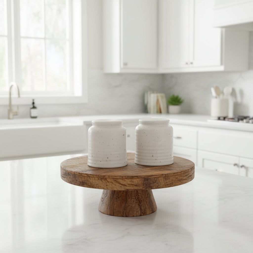 ceramic salt & pepper shakers with speckled texture on a wooden pedestal in a modern white kitchen