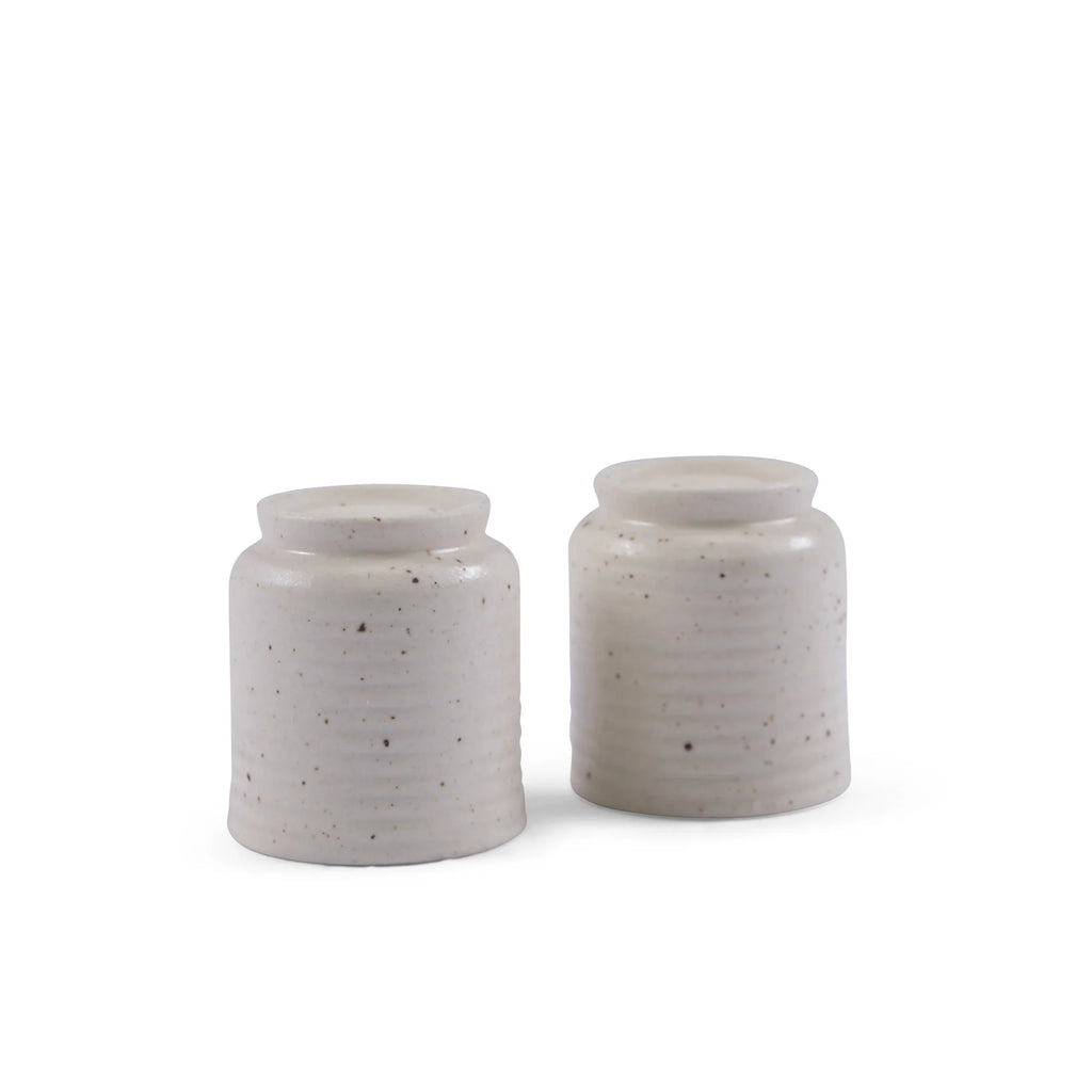 ceramic salt & pepper shakers with speckled texture on a white background