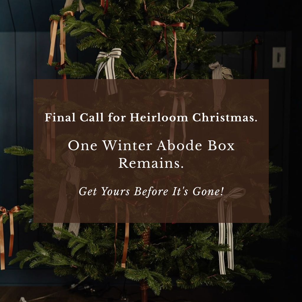 Promotional text overlay on a Christmas tree with ribbons.