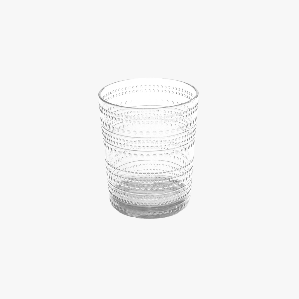 Clear glass with textured design on a white background