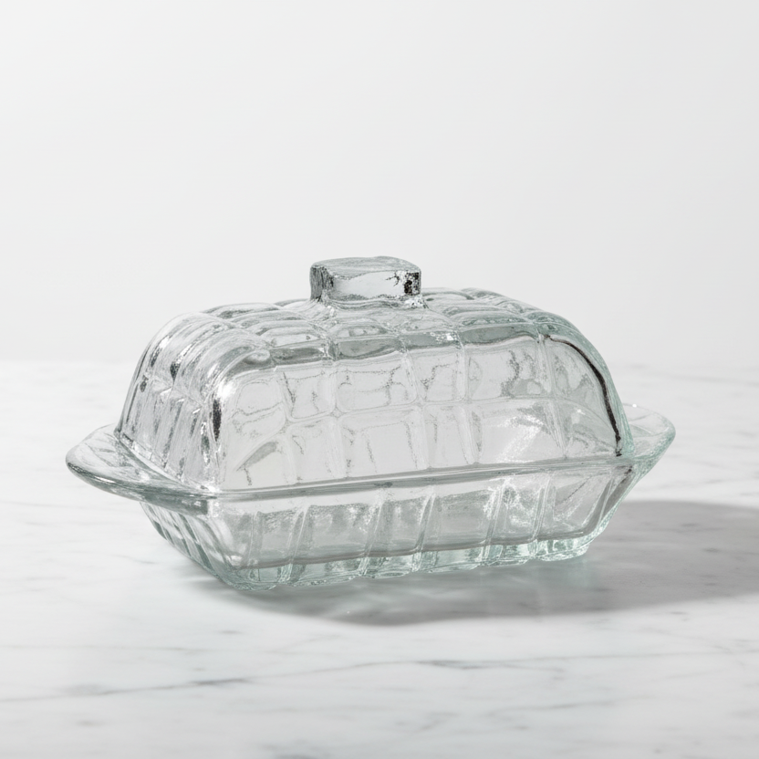 Clear glass butter dish with a lid on a white background