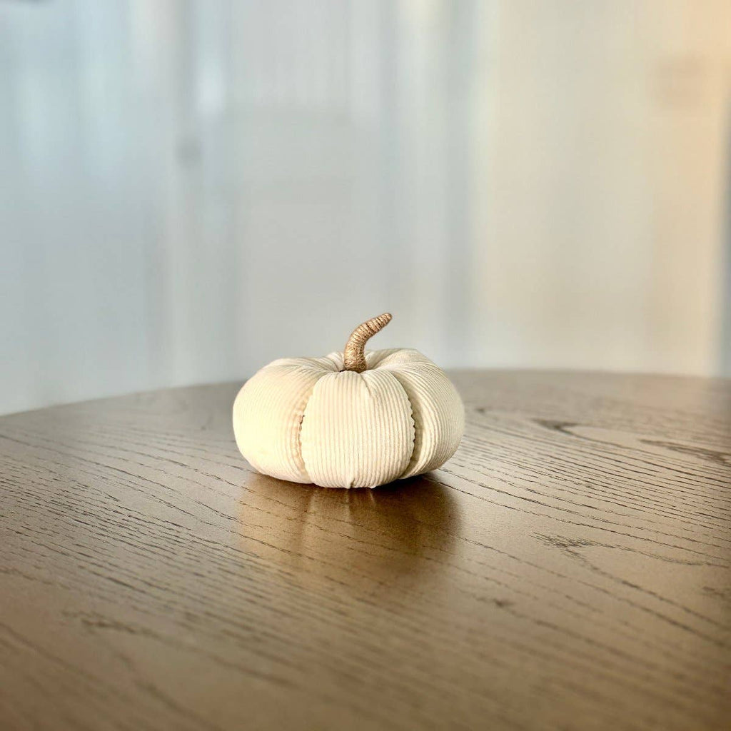 Small beige pumpkin decoration on a wooden surface with a blurred background