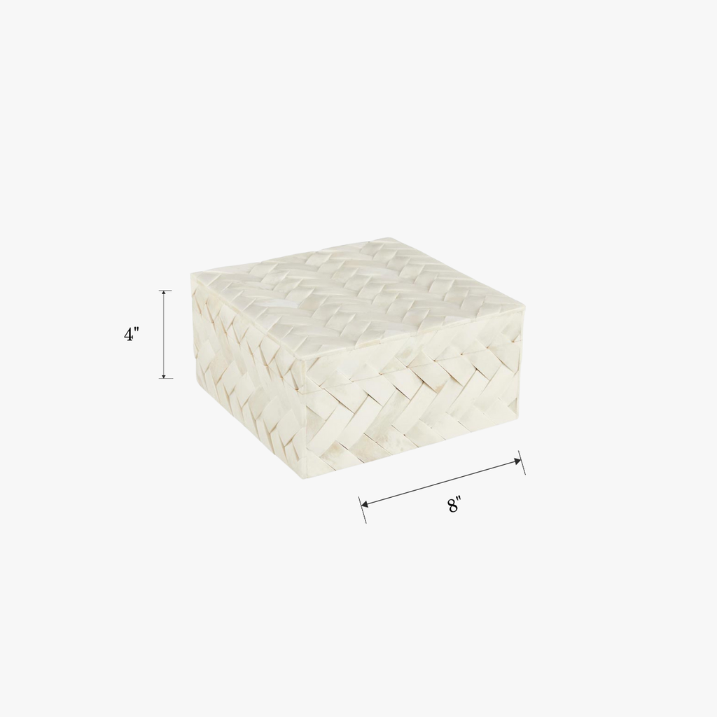 Woven decorative box with dimensions on a white background