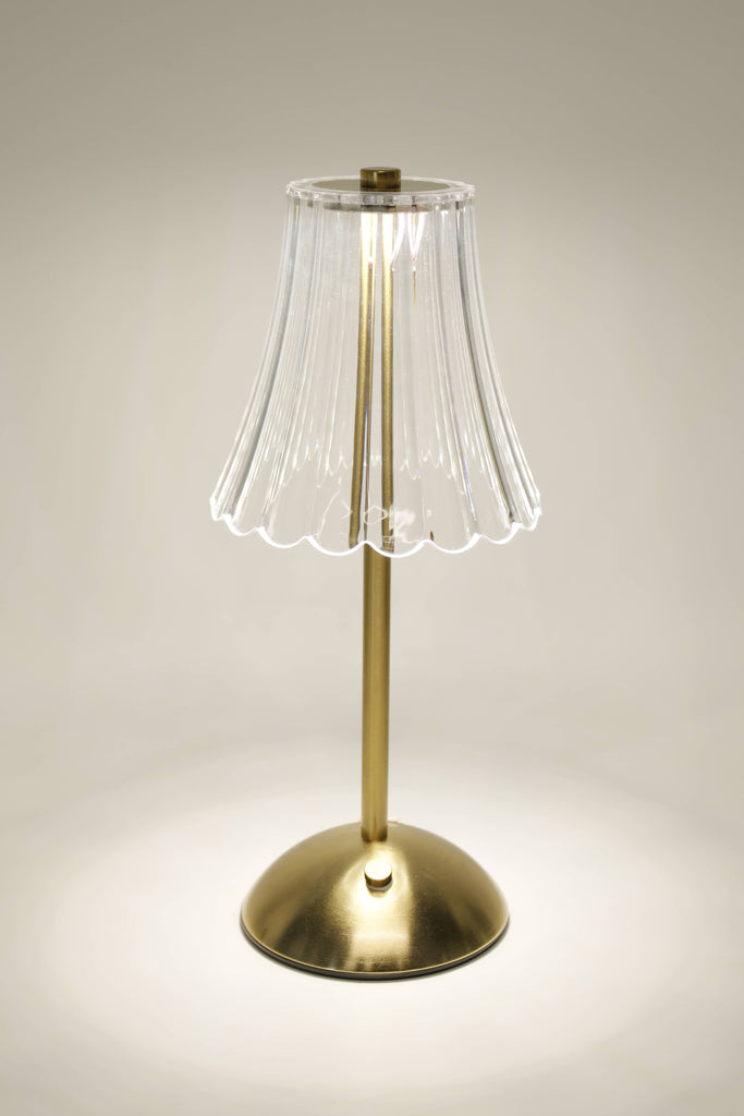 Table lamp with a clear glass shade and brass base on a neutral background