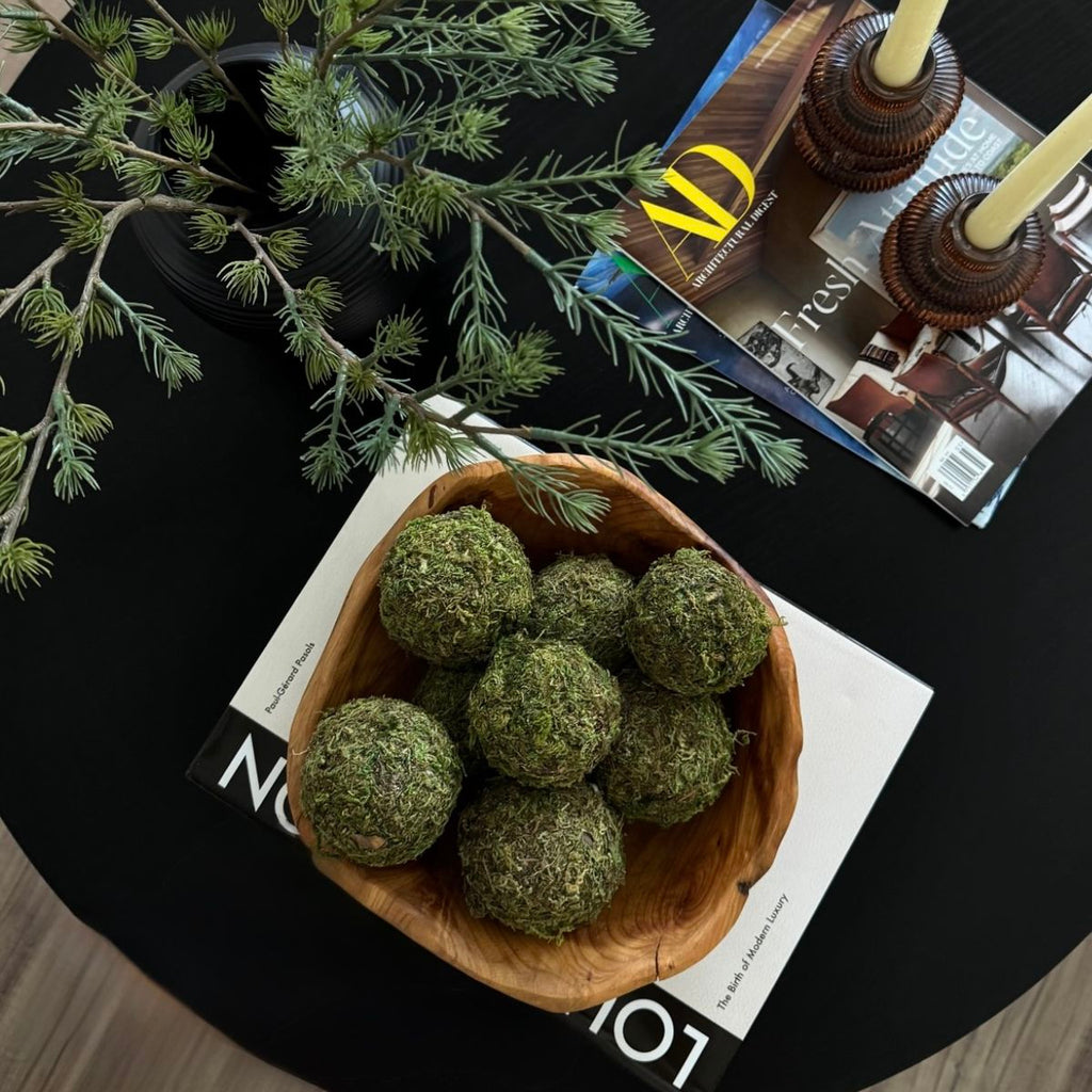 Decorative Moss Balls in Dough Bowl on Coffee Table