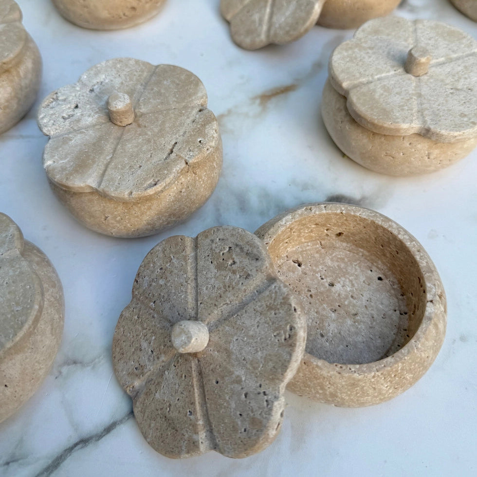 Decorative stone travertine box with flower shaped lid