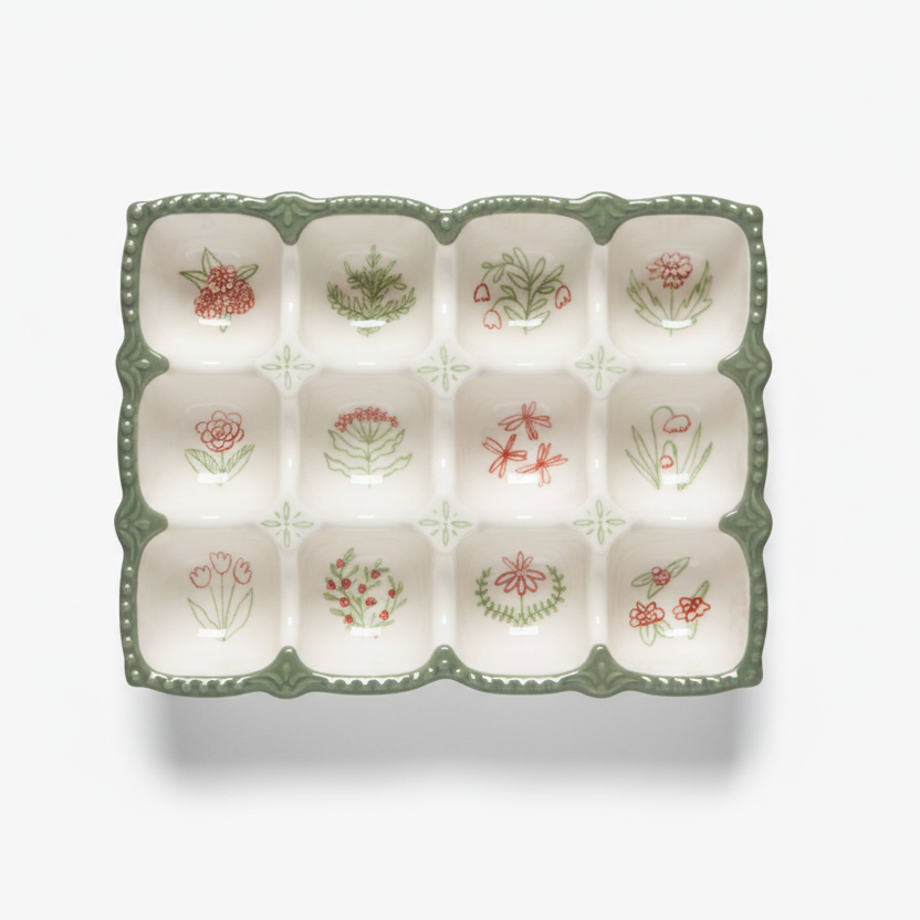 Decorative stoneware egg holder with floral patterns on a white background