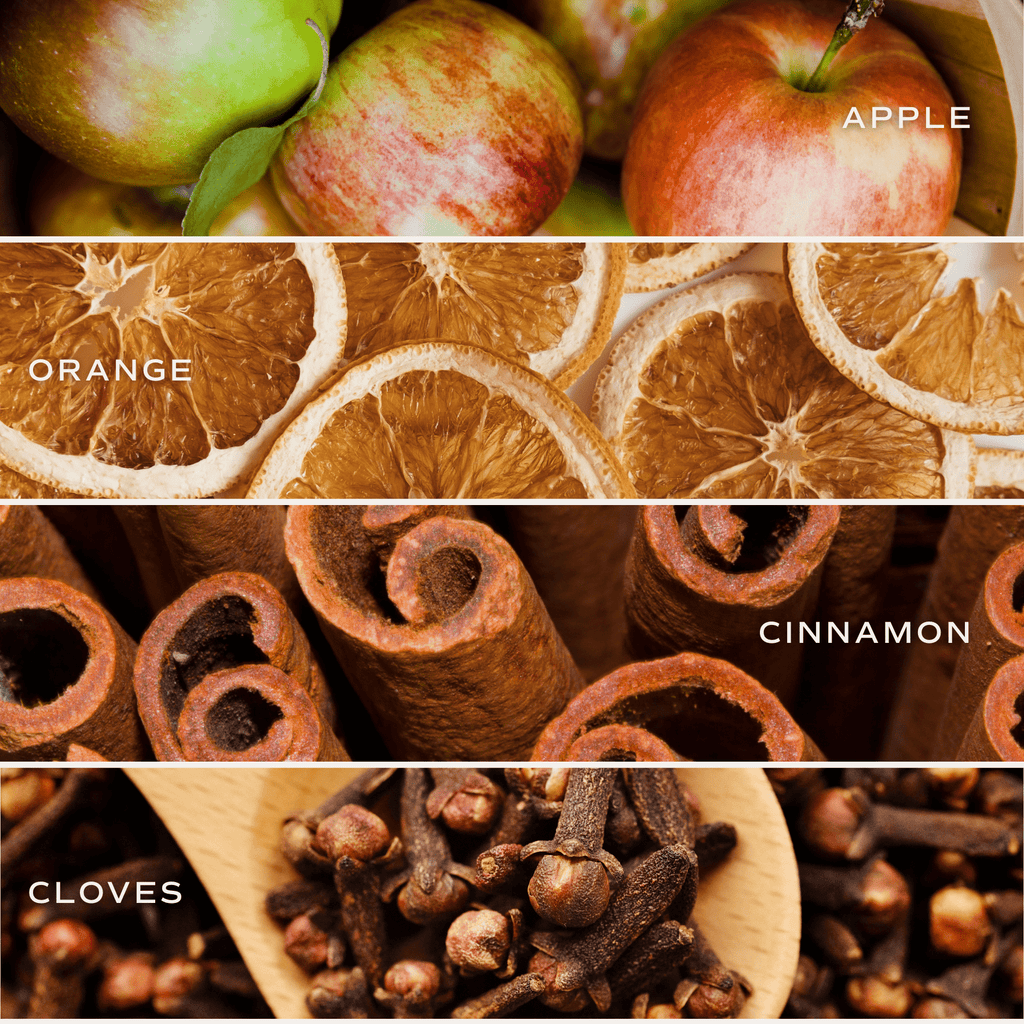 Collage of apples, orange slices, cinnamon sticks, and cloves with labels.