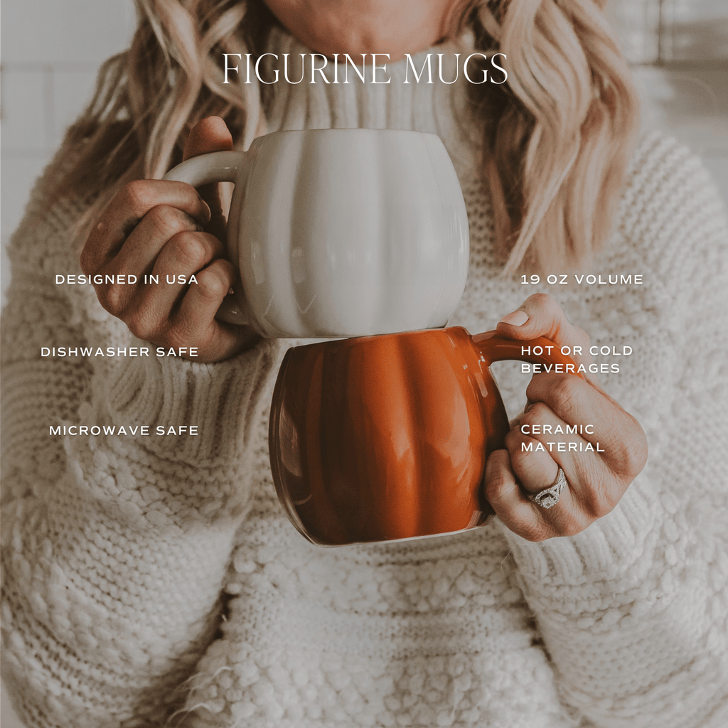 Person holding a ceramic mug with text about the mug's features.