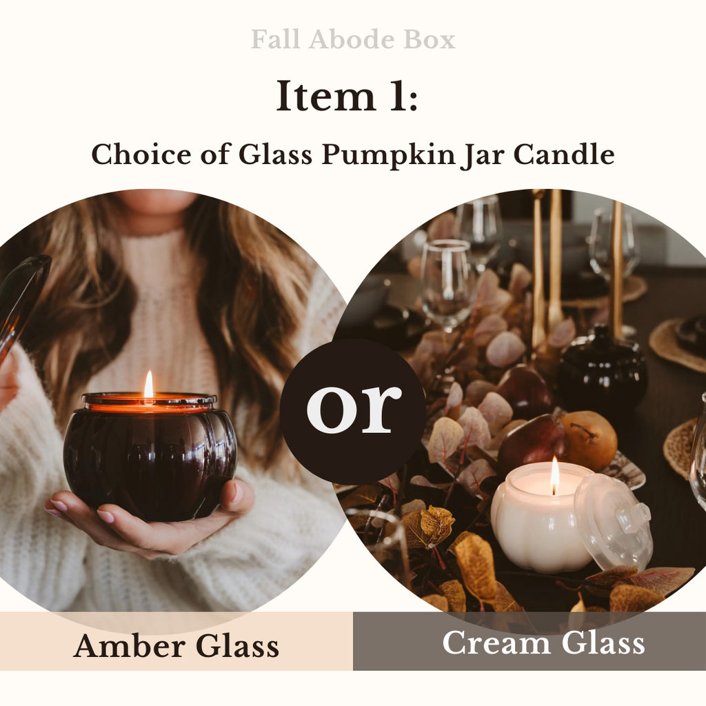Promotional image for a glass pumpkin jar candle with options for amber and cream glass.