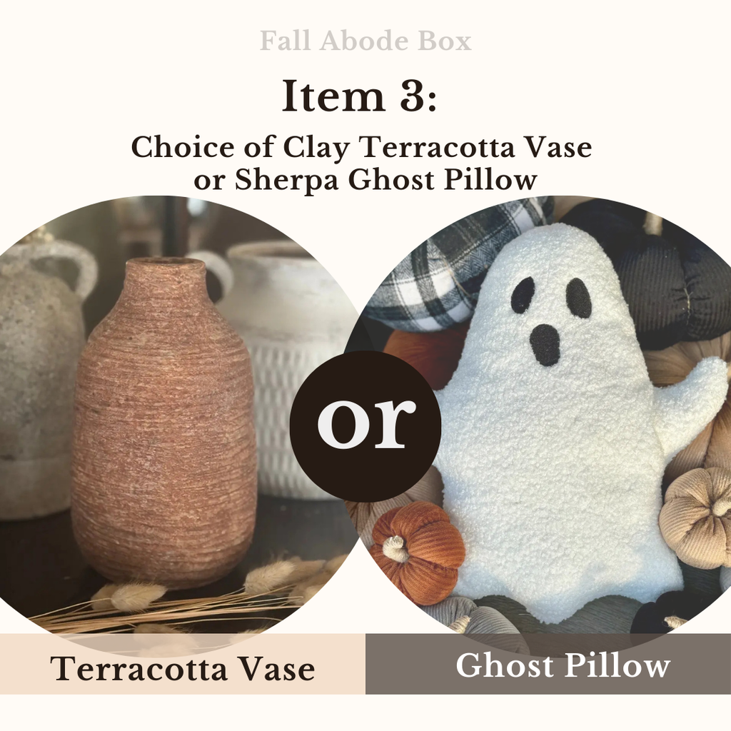 Promotional image for a 'Fall Abode Box' with a terracotta vase and ghost pillow as options.
