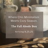 Decorative vase with text overlay about a fall-themed product box arriving on a blurred background.