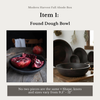 A composite product listing graphic for a Modern Harvest Fall Abode Box set titled 'Found Dough Bowl.' The layout shows two styled product photos: one of a dark bowl holding cut pomegranate halves on a rustic table, and another of dark ceramic bowls and plates on a wooden surface.