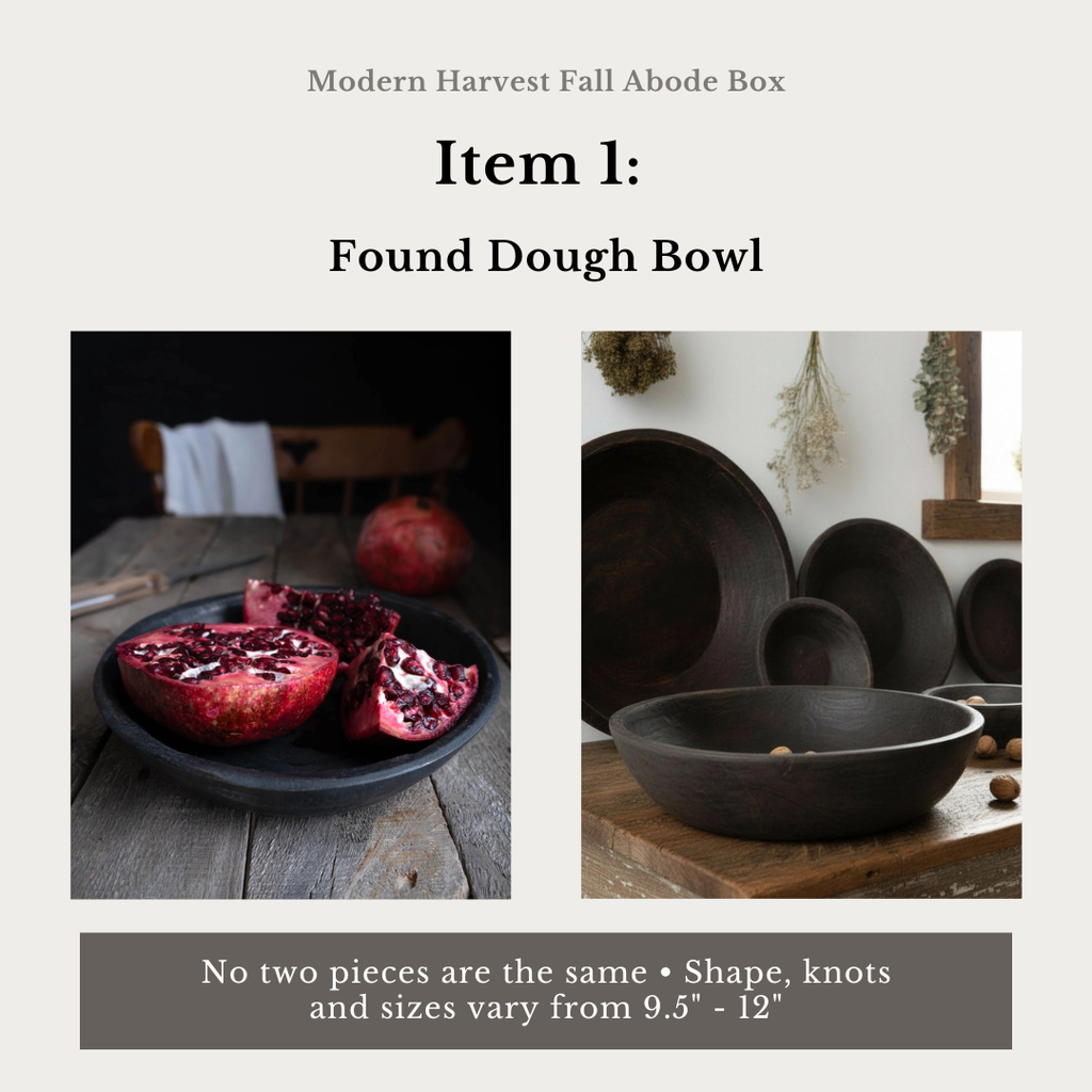 A composite product listing graphic for a Modern Harvest Fall Abode Box set titled 'Found Dough Bowl.' The layout shows two styled product photos: one of a dark bowl holding cut pomegranate halves on a rustic table, and another of dark ceramic bowls and plates on a wooden surface.