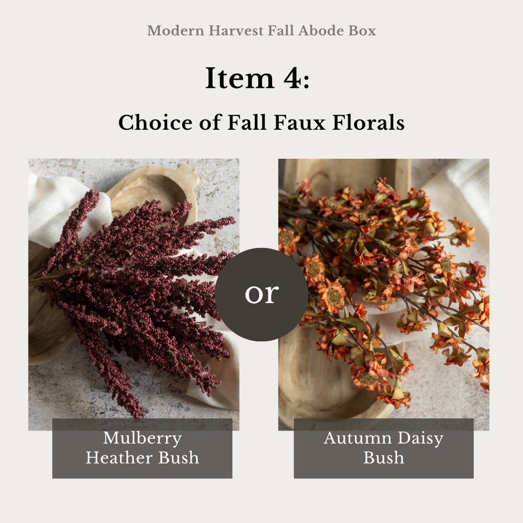 A product selection graphic for a 'Modern Harvest Fall Abode Box' showing two options for fall faux florals: 'Mulberry Heather Bush' with dark burgundy dried flowers on the left, and 'Autumn Daisy Bush' with orange-brown dried flowers on the right, separated by a central 'or' badge.