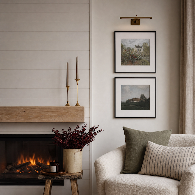 A cozy living room corner featuring a cream-colored upholstered armchair with green and striped throw pillows, a rustic wooden side table with a vase of burgundy foliage, and a fireplace with a light wood mantel. Two framed landscape prints hang on the wall above the chair.