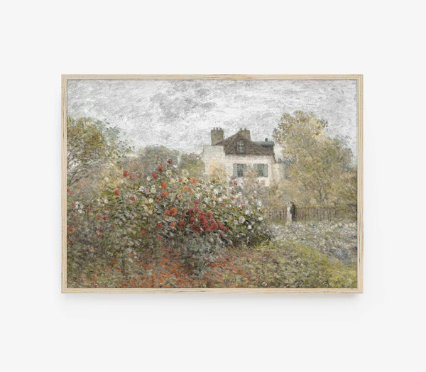 A framed impressionist landscape painting depicting a white house surrounded by lush green trees and red and white flowers in the foreground, set against a clean white background.