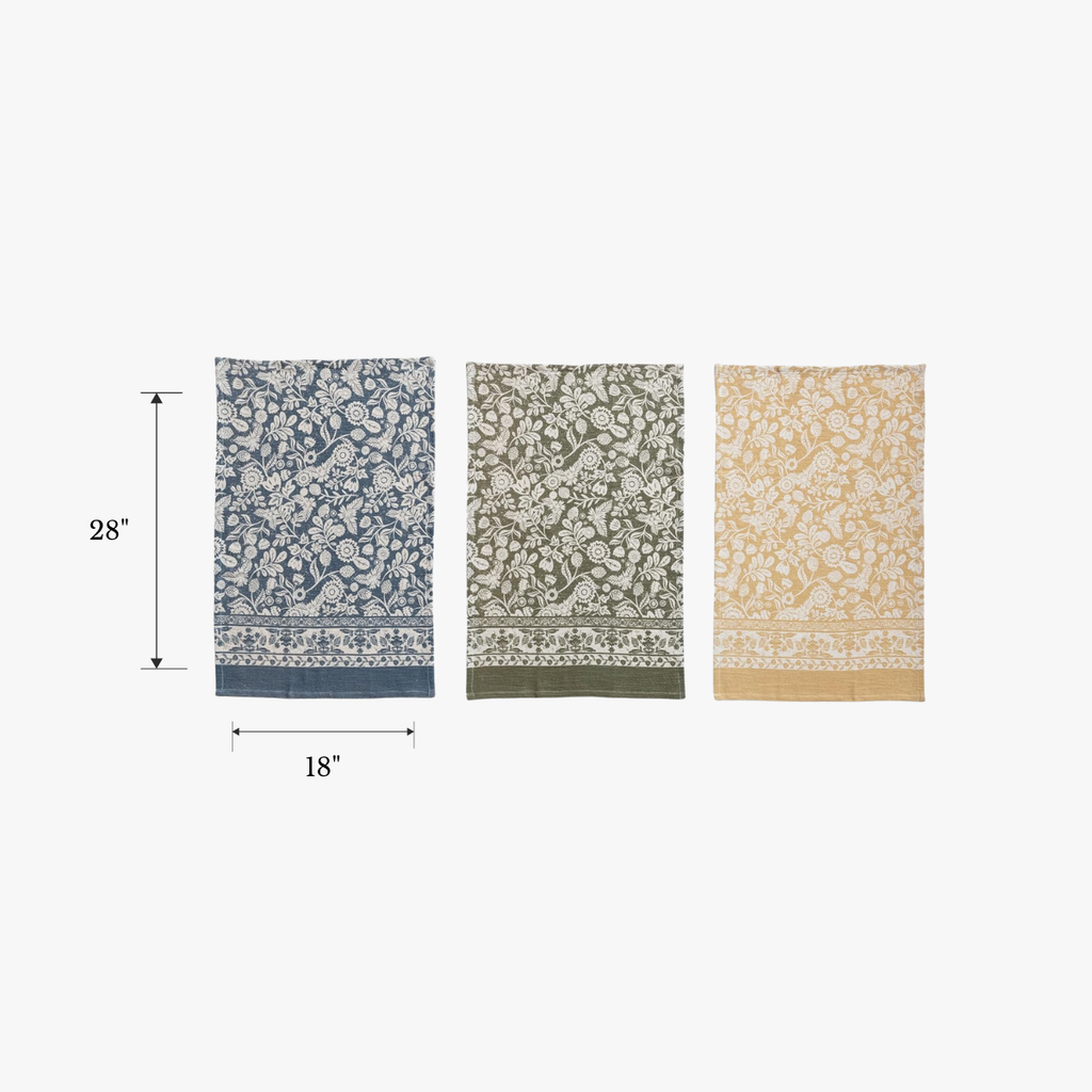 Three decorative towels with floral patterns and measurements on a white background