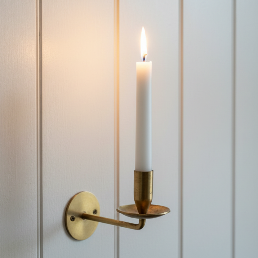 Wall-mounted candle holder with a lit candle on a white paneled wall