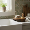 A styled kitchen scene with a white farmhouse sink, patterned sage green and beige tile backsplash, a small potted green plant on the window sill, and a wooden pedestal holding a bar of soap and a brush on the counter.