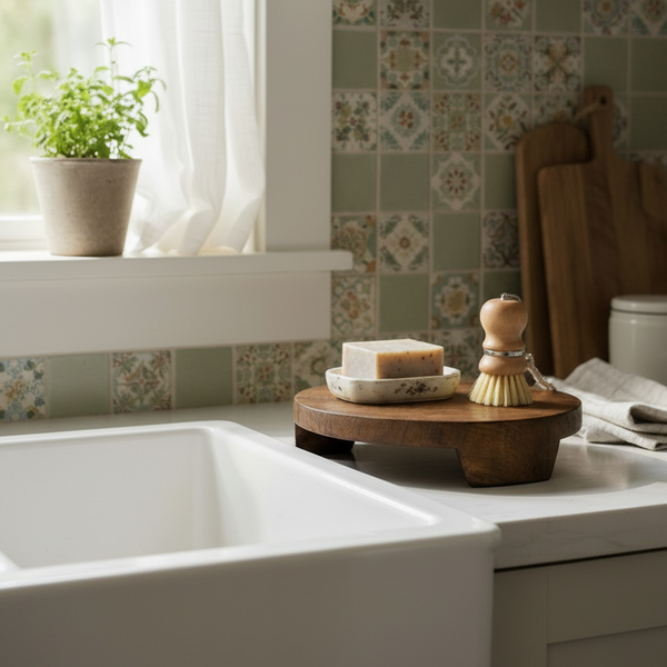 A styled kitchen scene with a white farmhouse sink, patterned sage green and beige tile backsplash, a small potted green plant on the window sill, and a wooden pedestal holding a bar of soap and a brush on the counter.
