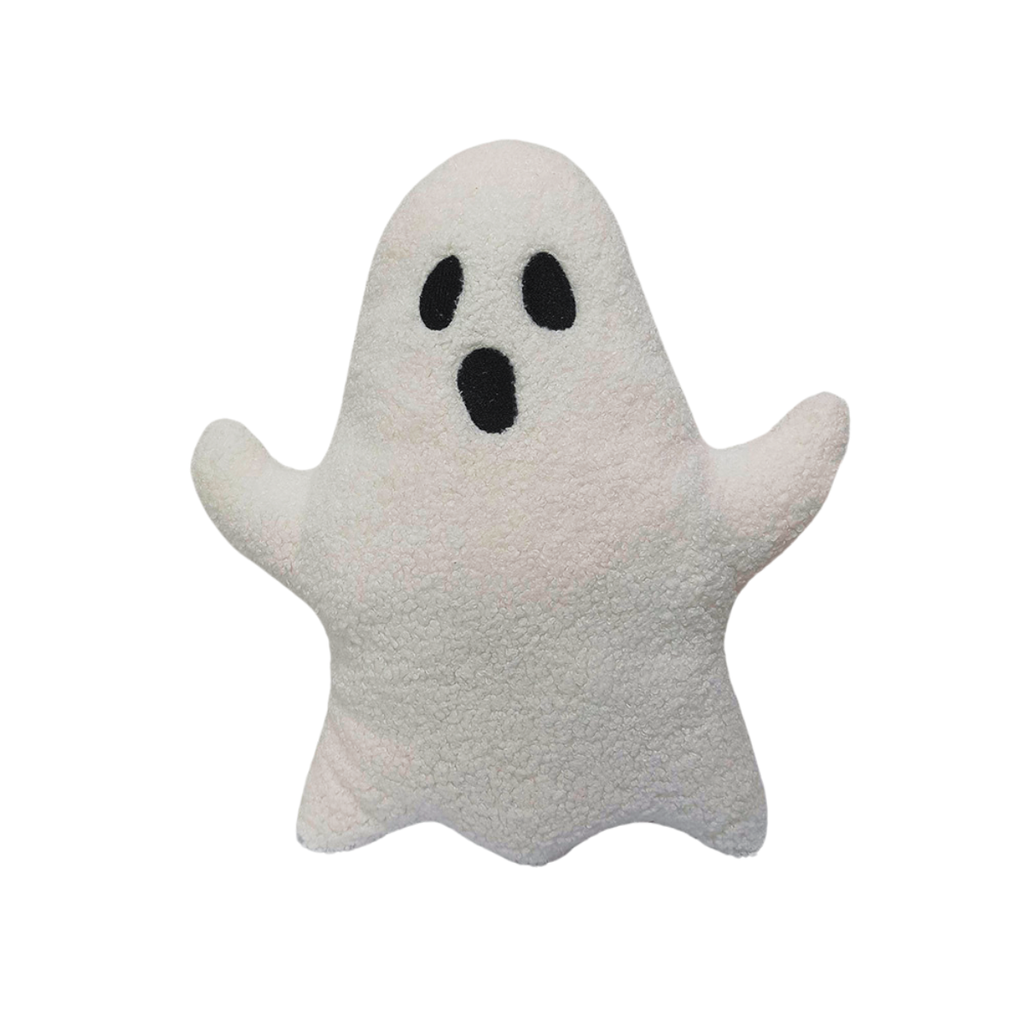 Ghost-shaped plush pillow on a white background