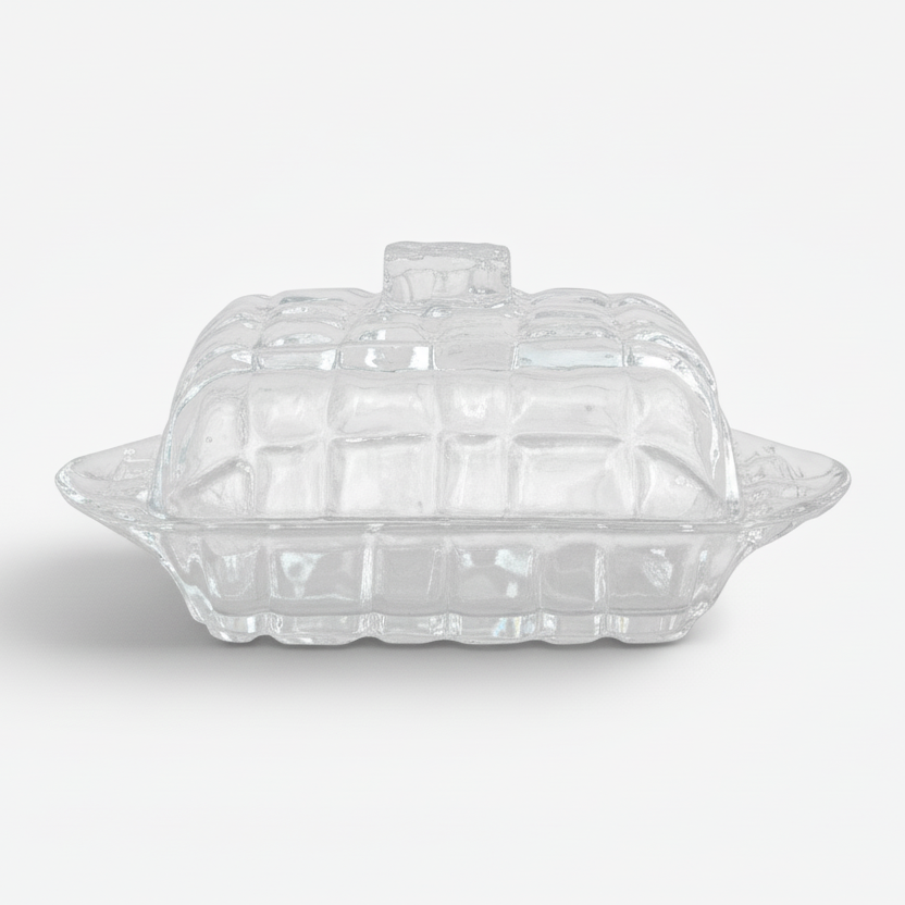 Clear glass butter dish with a lid on a white background