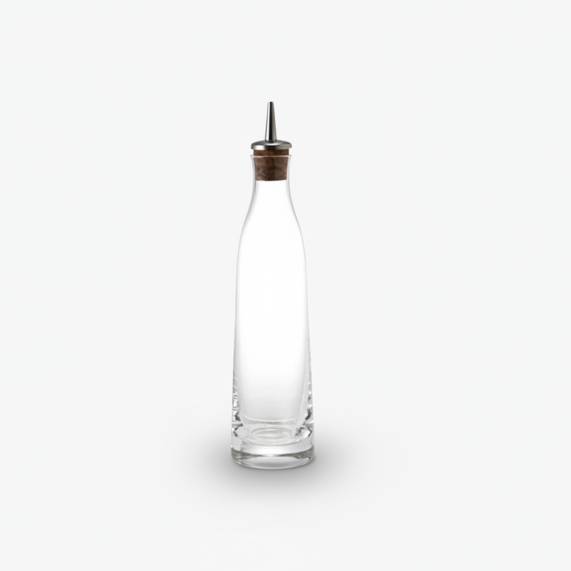 Clear glass bottle with stainless steel spout on a white background