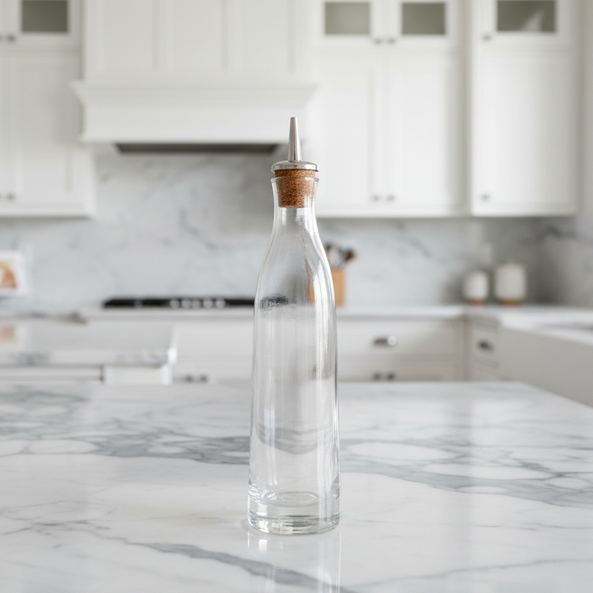 Clear glass bottle with stainless steel spout displayed in kitchen