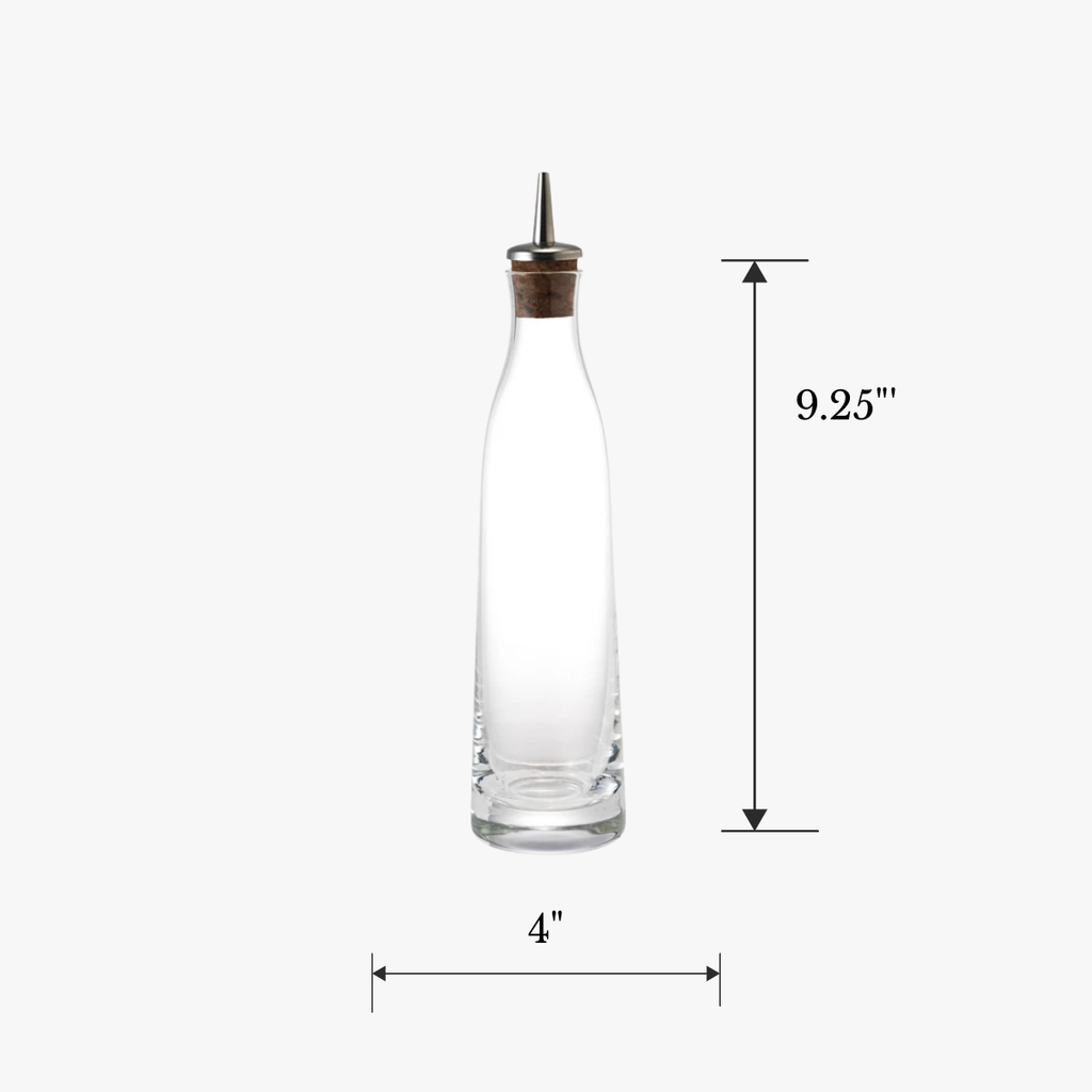 Clear glass bottle with wooden cap and measurements on a white background