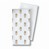 Two white kitchen hand towels with gold floral patterns on a white background