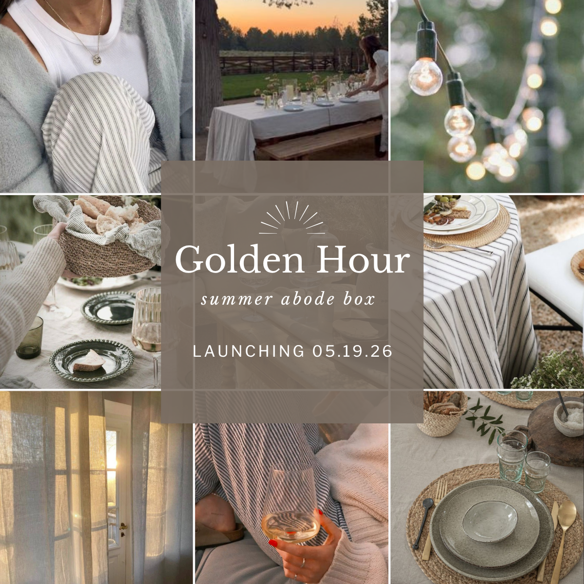 Collage of images promoting a 'Golden Hour' summer abode box with outdoor dining and evening scenes.