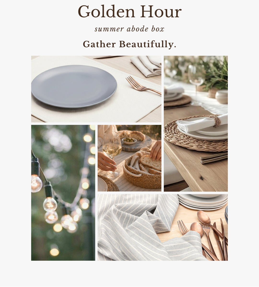 Promotional image for 'Golden Hour' summer abode box with table setting and decor elements.